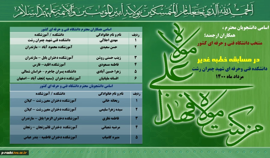 اسامی منتخبین کشوری مسابقه کتبی خطبه غدیر دانشگاه فنی و حرفه ای استان گیلان ( دانشکده فنی شهید چمران رشت )  2