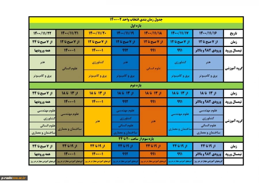 جدول زمانبندی انتخاب واحد نیمسال دوم 1400 2