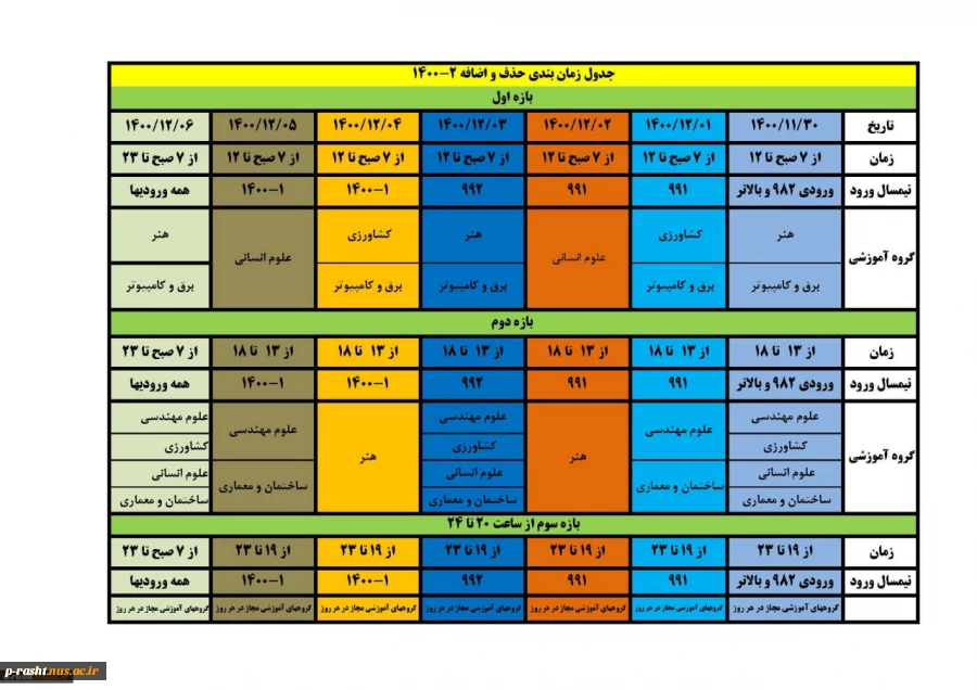 جدول زمان بندی حذف و اضافه بهمن 1400 2